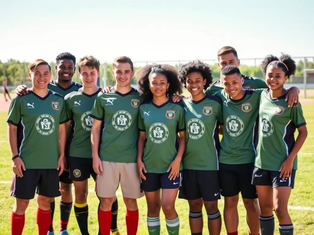 A diverse group of players from different backgrounds, standing together in their AFC Noisetiers jerseys, symbolizing the club's commitment to inclusivity and community engagement.