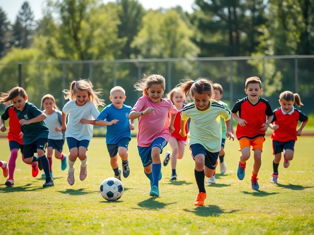 A group of young children in AFC Noisetiers jerseys, enthusiastically participating in a football training session on a sunny field. The image captures the energy and excitement of youth football.