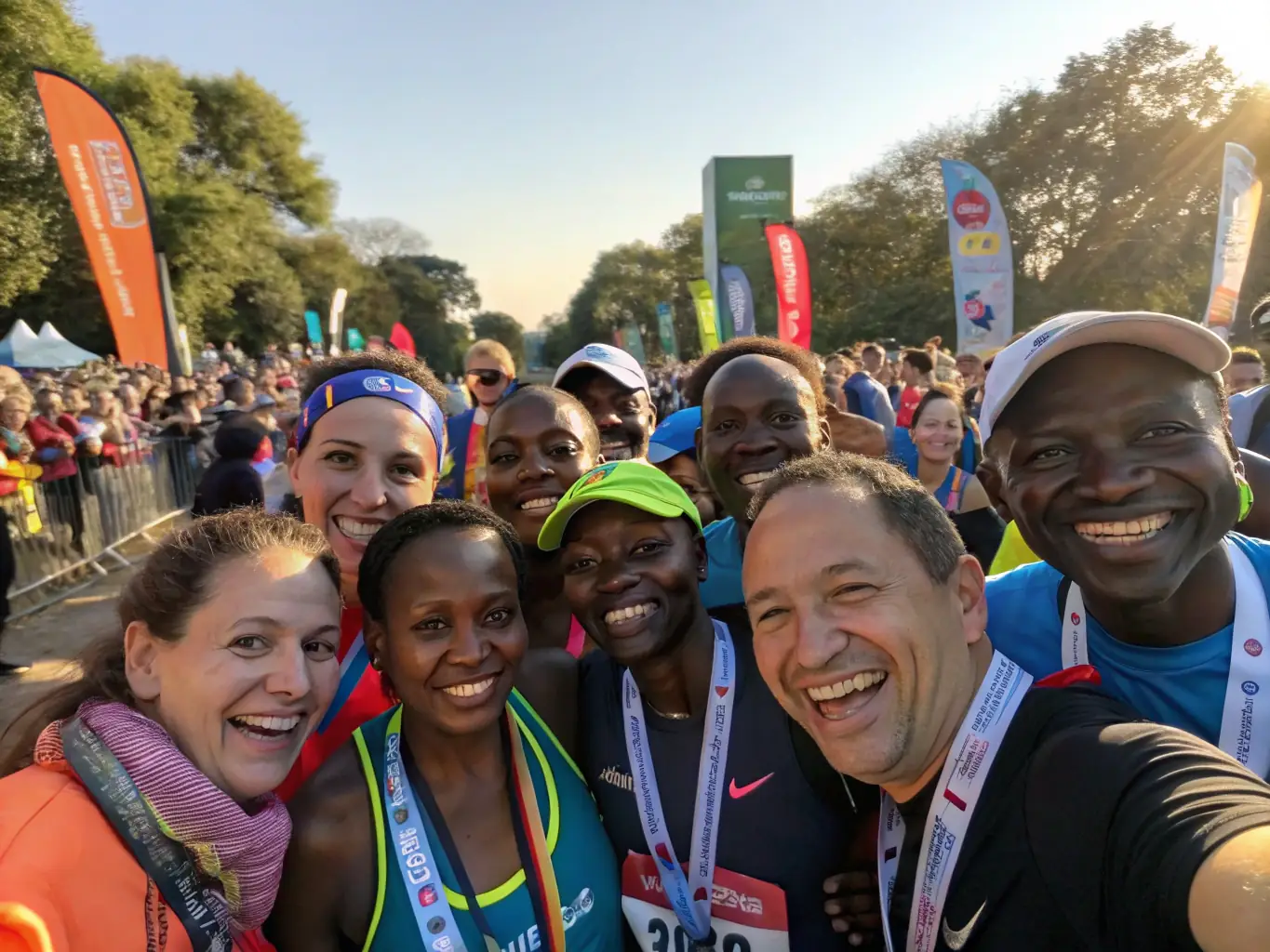A photo of club members celebrating after a race, showing the sense of accomplishment and community spirit within The Baillargeaux Runners.