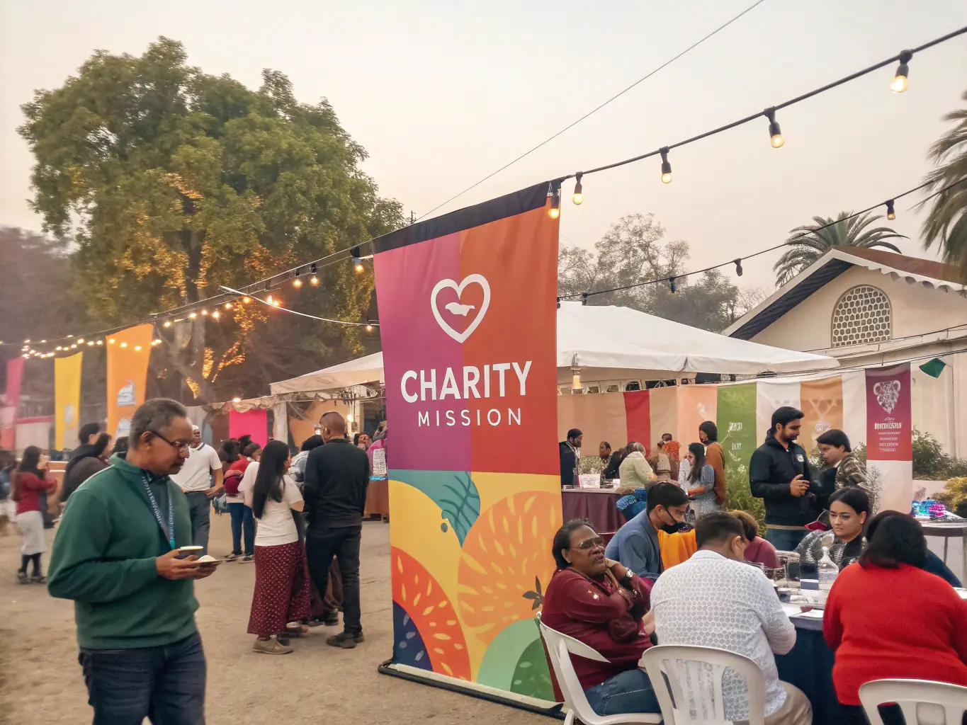 Volunteers and community members participating in a charity run, with banners and festive atmosphere, showcasing the Community Initiatives of The Baillargeaux Runners.
