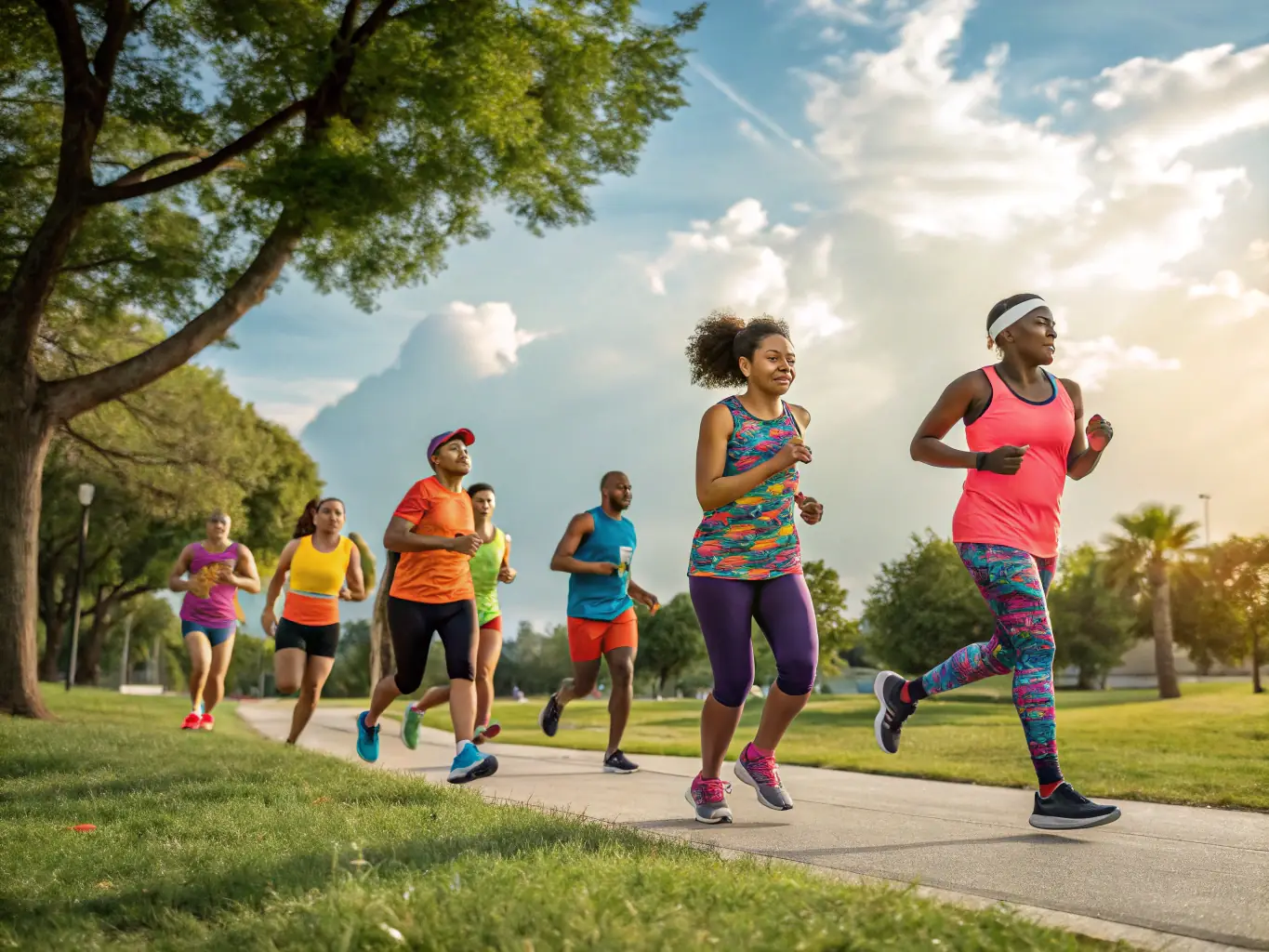 A diverse group of runners of various ages and skill levels running together in a scenic park setting, representing the Group Running Events organized by The Baillargeaux Runners.