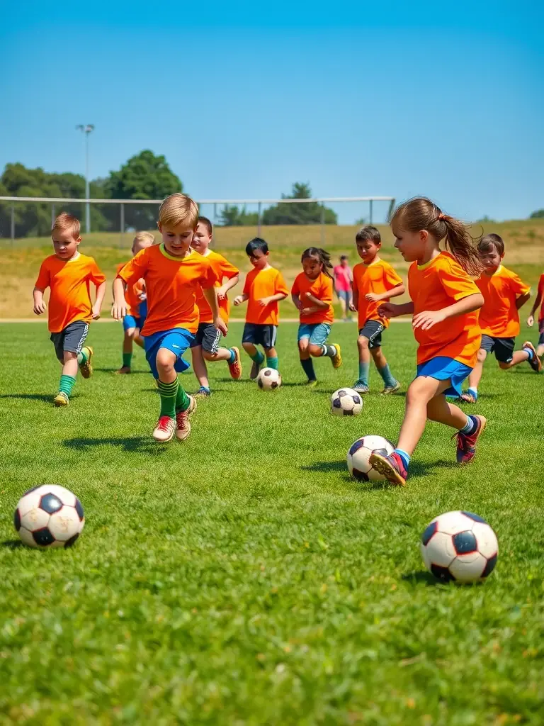 A vibrant image of children participating in a soccer clinic, showcasing teamwork and active engagement, set in a sunny outdoor field in Colomiers.