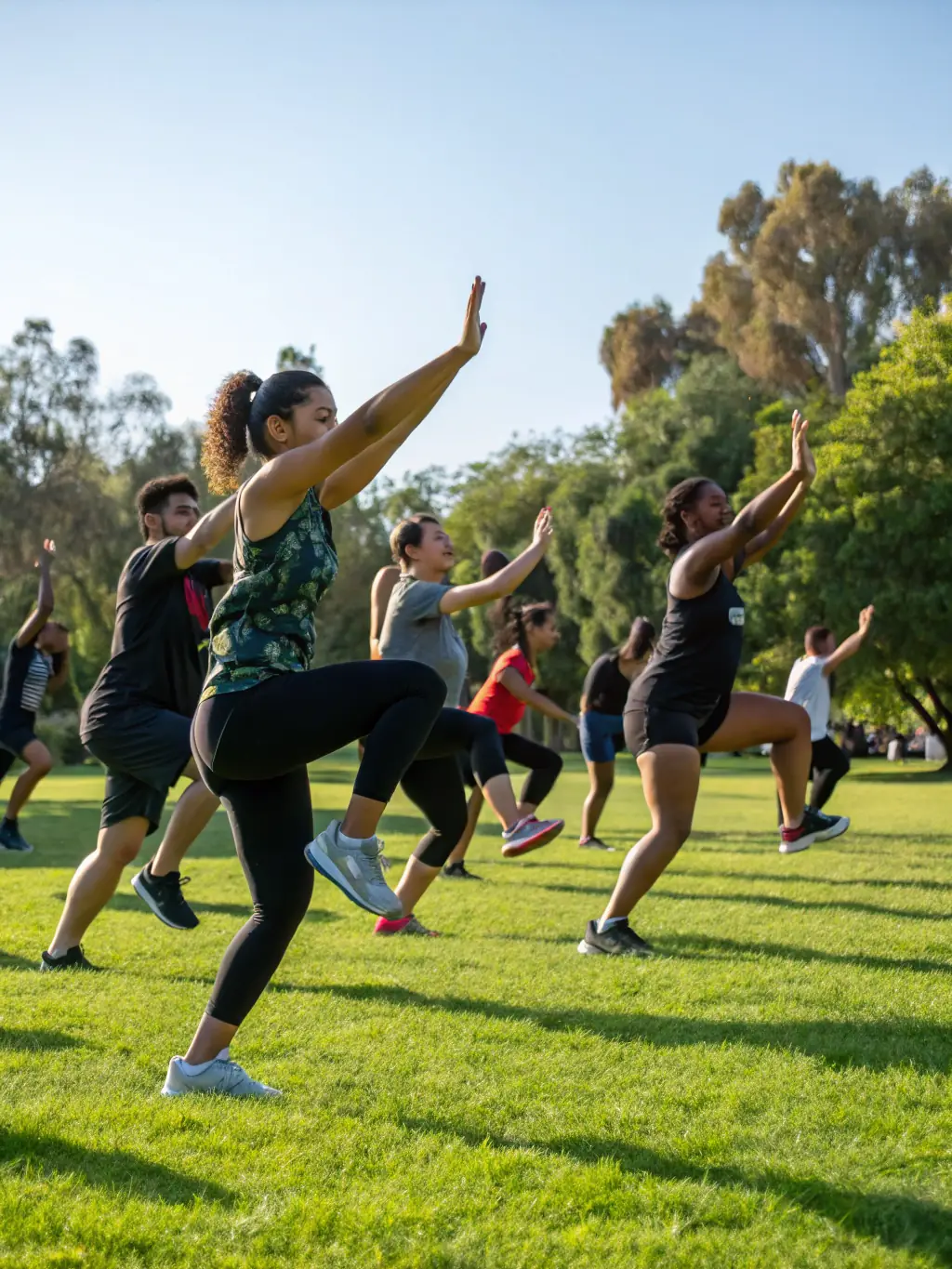 A photograph of adults participating in a community fitness class in a park in Colomiers, demonstrating the organization's commitment to adult fitness and well-being.