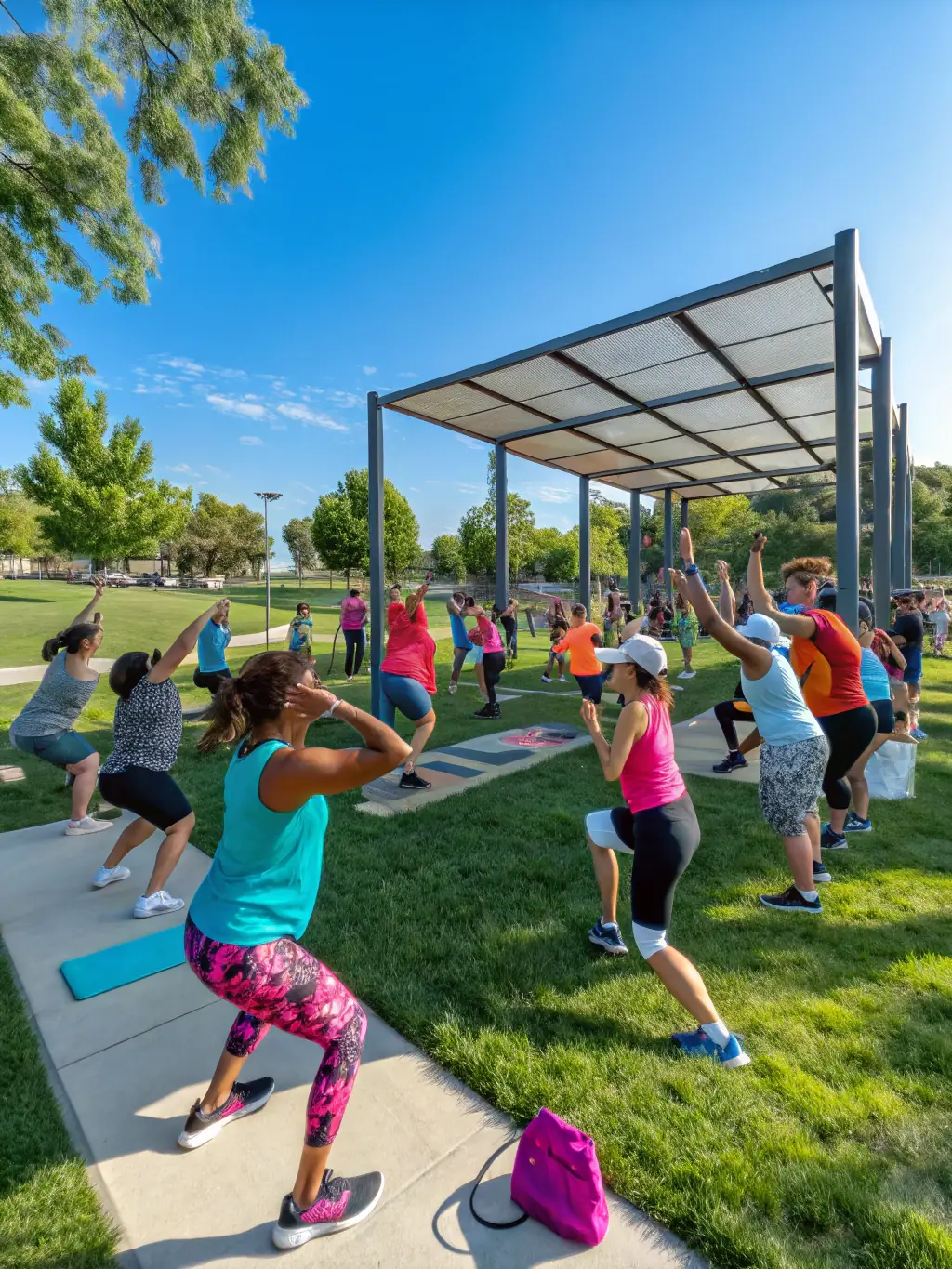 A dynamic photo of adults participating in a community fitness class, demonstrating energy and commitment to health, held in a local park in Colomiers.